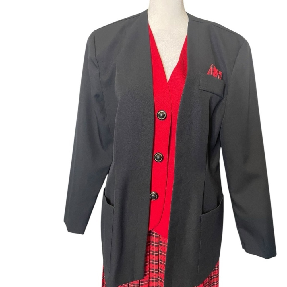 Vintage 80s Plaid Skirt Suit Set Red Black Power Suit Berg-Ray 10 Secretary Chic - Picture 5 of 11